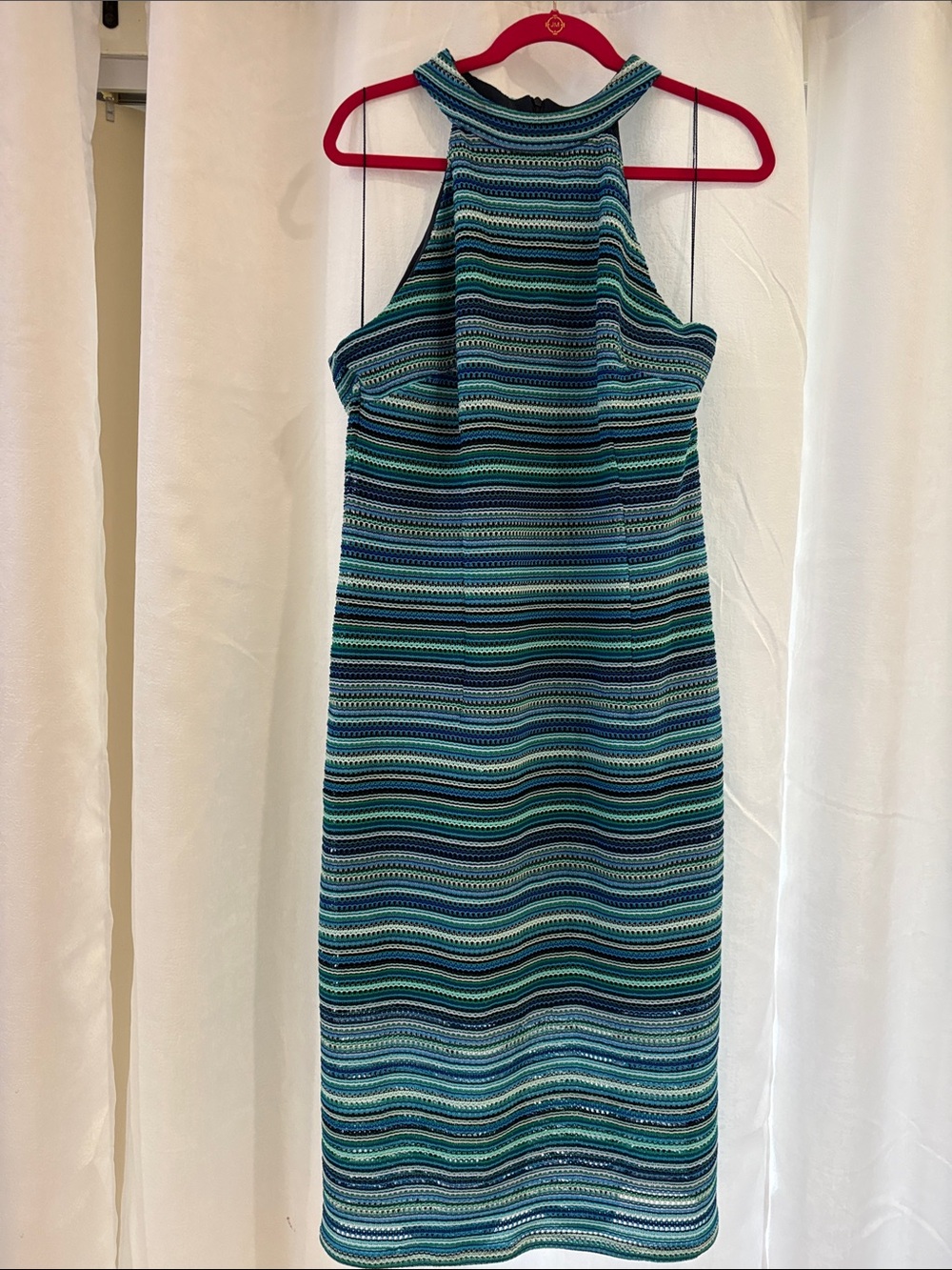 London Times Blue-Green Striped Halter Midi Dress